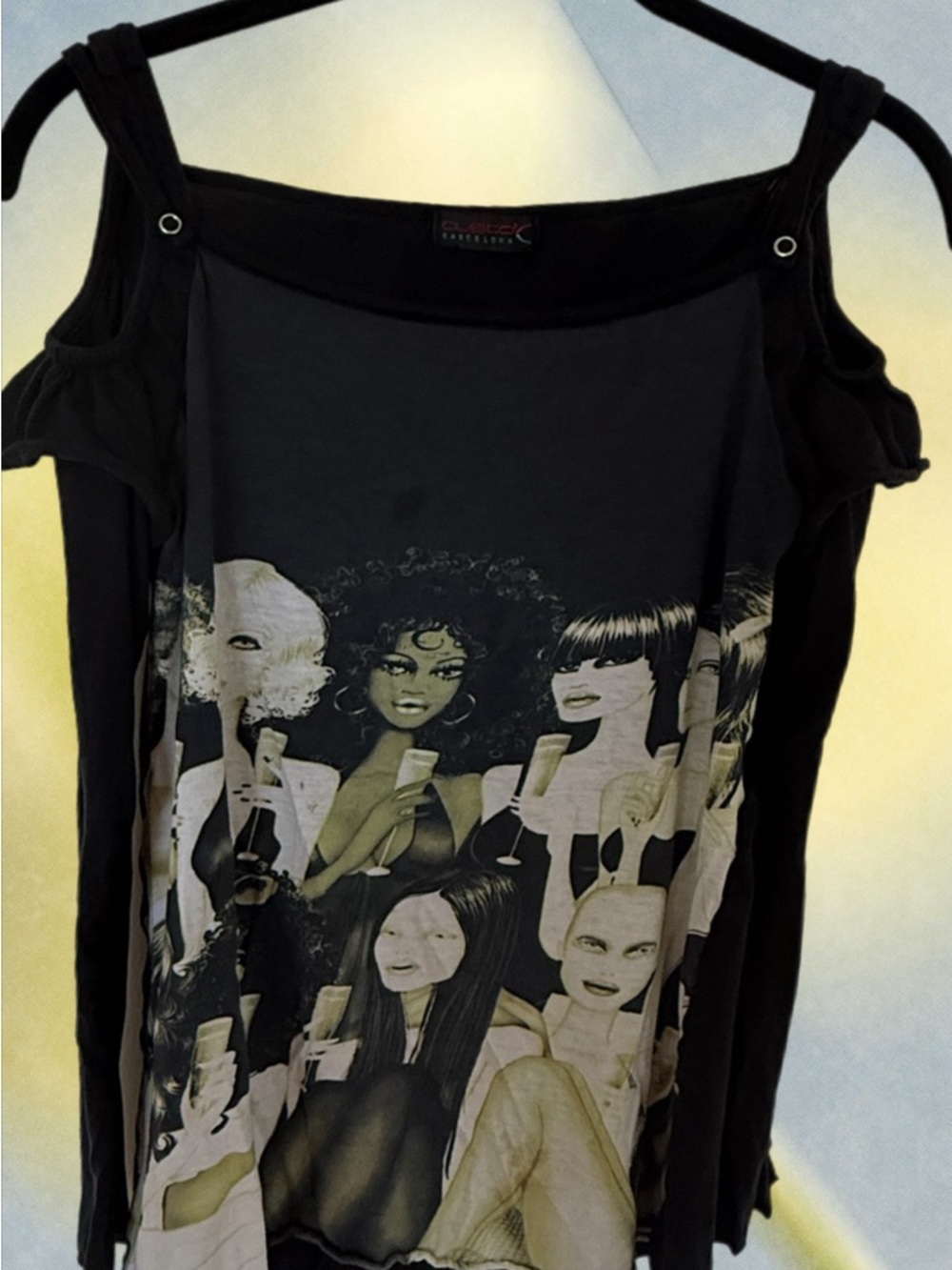 Vintage Custo barcelona Graphic Black Cold-Shoulder Tank Top -size S